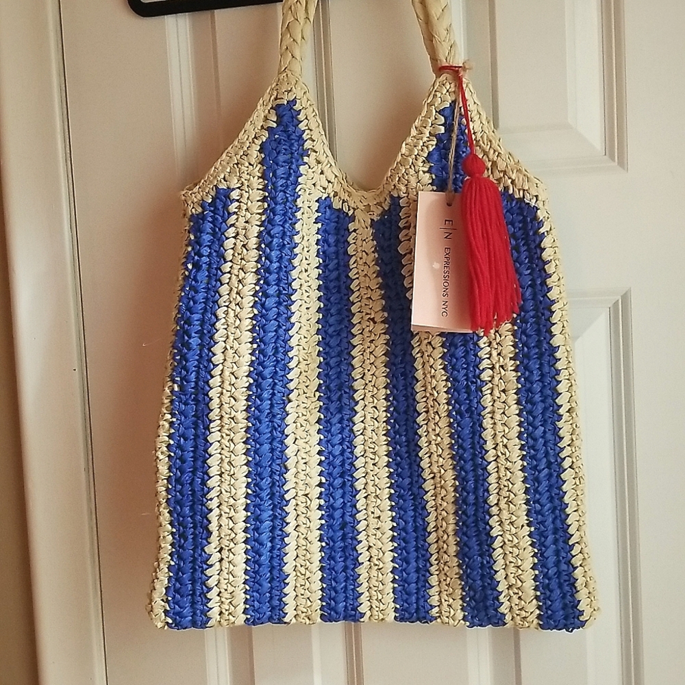 Expressions Royal Blue and Beige Striped Tote With Red Tassel NWT